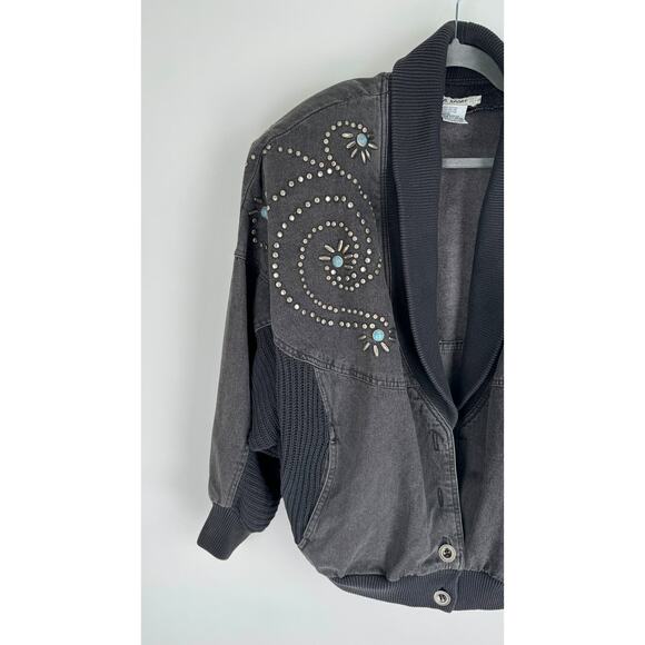 IB Sport Vintage Black Denim Sweater Jacket Aztec Turquoise Womens Large - Picture 13 of 16